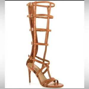 BCBGMAXAZRIA Pike Gladiator Day Leather Sandal Heels in Camel